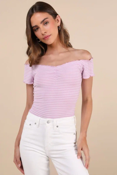 Lulus Easily Ideal Lilac Striped Lettuce Hem Short Sleeve Top