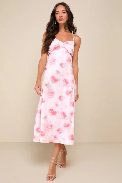 Lulus Easily Radiant Pink Floral Print Tie-back Midi Dress