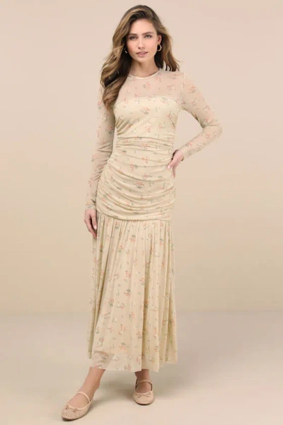 Lulus Easy Delight Beige Floral Drop Waist Maxi Dress