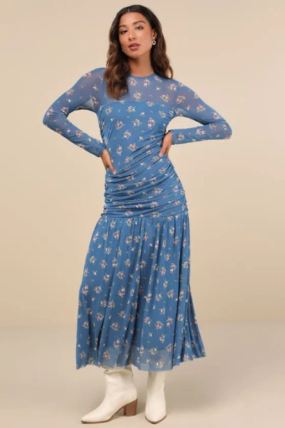 Lulus Easy Delight Blue Floral Drop Waist Maxi Dress