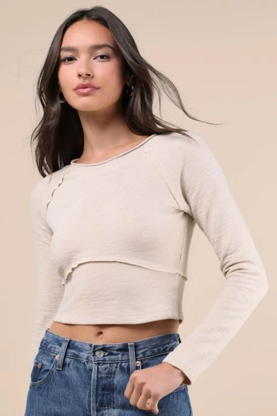 Lulus Easy Energy Cream Knit Raglan Sleeve Crop Top In White