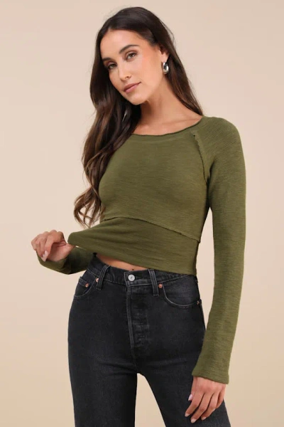 Lulus Easy Energy Olive Green Knit Raglan Sleeve Crop Top