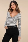 Lulus Easygoing Chic Ivory And Black Striped Long Sleeve Bodysuit In Black