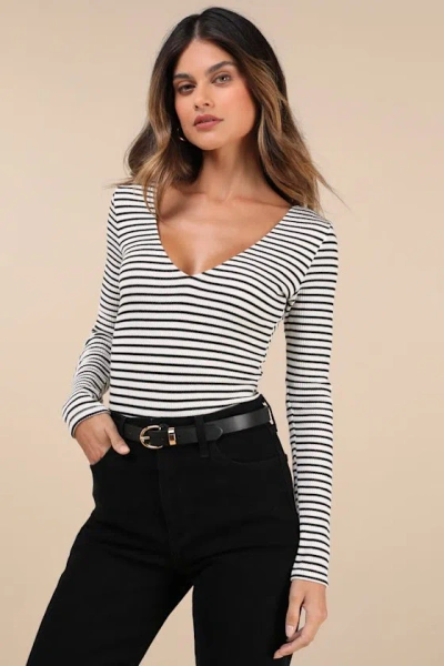Lulus Easygoing Chic Ivory And Black Striped Long Sleeve Bodysuit