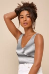 Lulus Easygoing Chic Ivory Striped Ribbed Sleeveless Bodysuit In Ivory