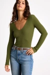 Lulus Easygoing Chic Olive Green Long Sleeve Bodysuit In Green