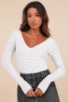 Lulus Easygoing Chic White And Grey Striped Long Sleeve Bodysuit In White And Grey