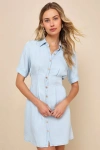 LULUS EASYGOING DAYS LIGHT BLUE CHAMBRAY BUTTON-UP MINI DRESS