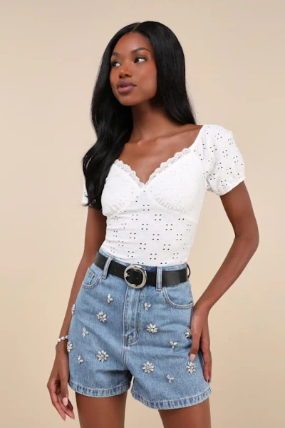Lulus Easygoing Glow Medium Wash Denim Rhinestone High Rise Shorts In Blue