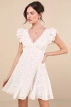 Lulus Eben Ivory Ditsy Floral Flutter Sleeve Mini Dress In Ivory