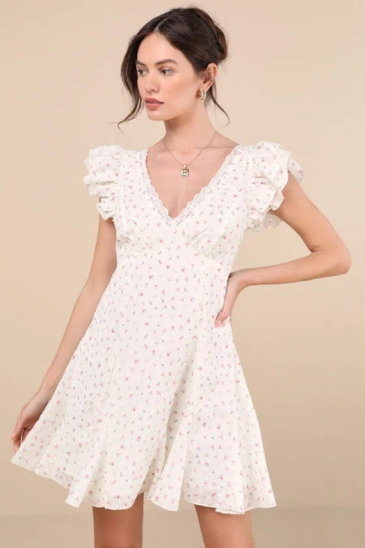 Lulus Eben Ivory Ditsy Floral Flutter Sleeve Mini Dress