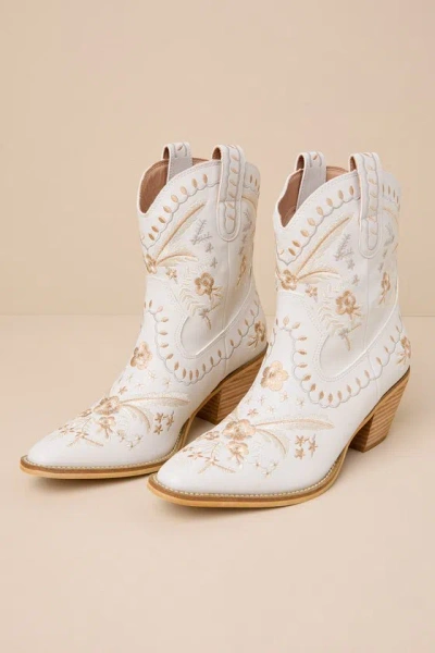 Lulus Edeline White Embroidered Pointed-toe Western Ankle Boots