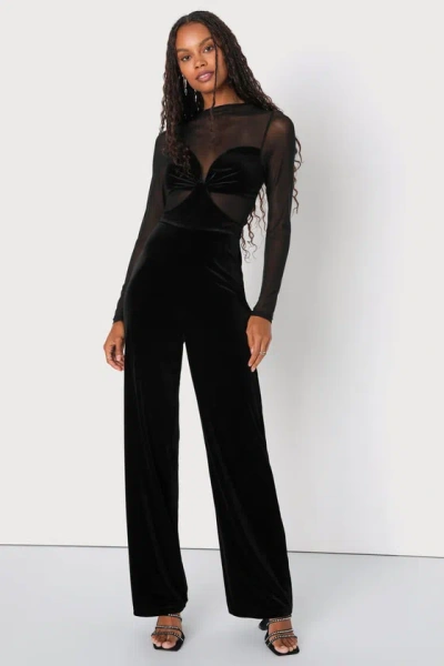 Lulus Edgy Charisma Black Mesh Velvet Cutout Long Sleeve Jumpsuit