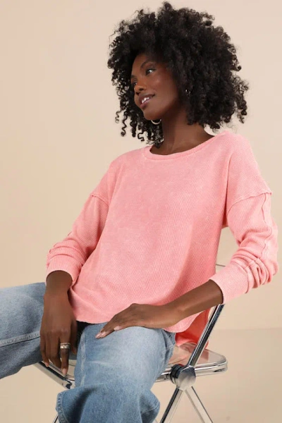 Lulus Edgy Flirtation Washed Pink Waffle Knit Long Sleeve Top