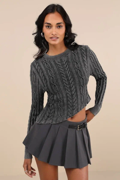 Lulus Edgy Forecast Charcoal Grey Cable Knit Asymmetrical Sweater