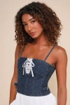 Lulus Edgy Tendency Dark Wash Denim Lace-up Cropped Cami Top In Blue
