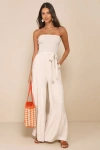 Lulus Effective Charm Beige Linen Smocked Strapless Wide-leg Jumpsuit In Beige