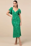 Lulus Effervescent Afternoon Green Satin Flutter Sleeve Midi Dress In Green