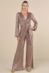 Lulus Effervescent Attitude Bronze Mesh Sequin Long Sleeve Jumpsuit In Brown