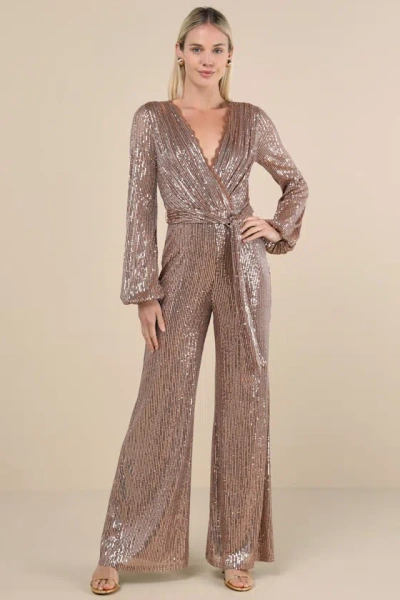 Lulus Effervescent Attitude Bronze Mesh Sequin Long Sleeve Jumpsuit In Brown