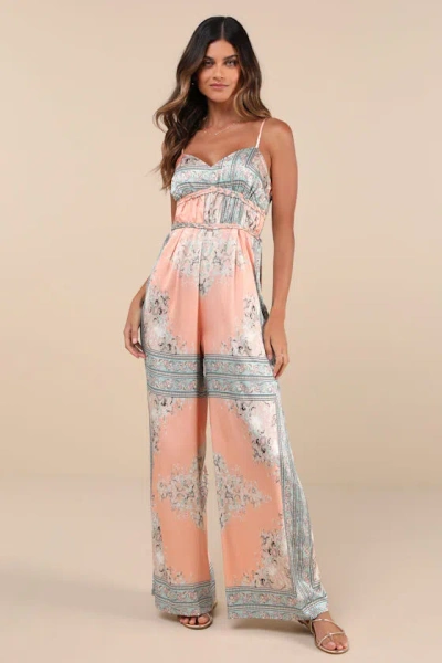 Lulus Effervescent Vibes Peach Scarf Print Satin Wide-leg Jumpsuit