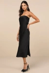 Lulus Effortless Bliss Black Satin Strapless Cowl Back Midi Dress In Black