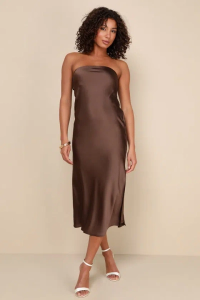 Lulus Effortless Bliss Dark Brown Satin Strapless Cowl Back Midi Dress