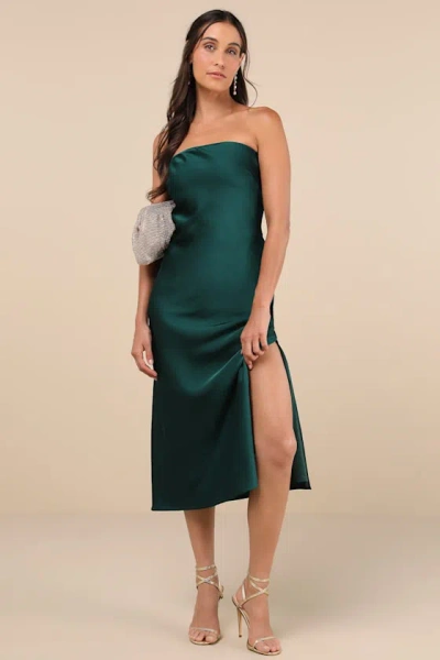 Lulus Effortless Bliss Emerald Satin Strapless Cowl Back Midi Dress In Green