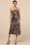 Lulus Effortless Bliss Leopard Satin Strapless Cowl Back Midi Dress In Brown
