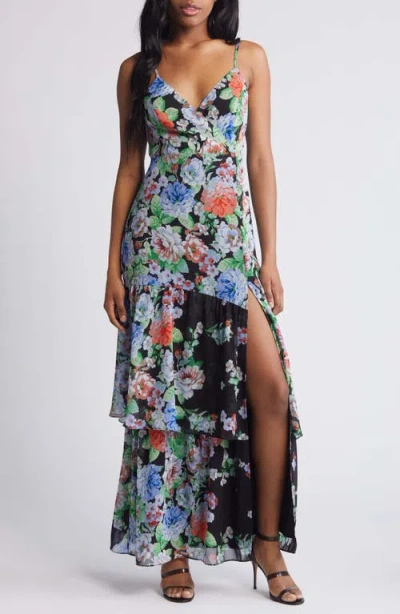 Lulus Effortless Energy Tiered Ruffle Maxi Dress In Black/blue/green
