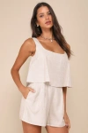 Lulus Effortless Escape Beige Linen Sleeveless Flounce Romper In Beige