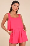 Lulus Effortless Escape Hot Pink Linen Sleeveless Flounce Romper In Hot Pink