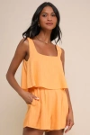 Lulus Effortless Escape Light Orange Linen Sleeveless Flounce Romper In Orange