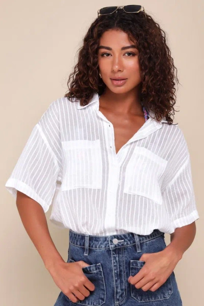 Lulus Effortless 'fit Ivory Sheer Burnout Striped Button-up Top