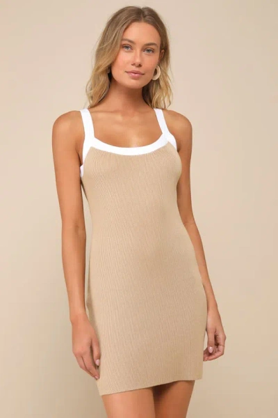 Lulus Effortless Influence Tan Ribbed Color Block Mini Sweater Dress
