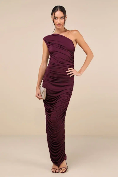 Lulus Effortless Magnetism Dark Plum Ruched One-shoulder Maxi Dress In Purple