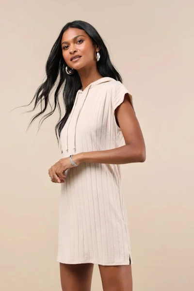 Lulus Effortless Option Beige Ribbed Hooded Short Sleeve Mini Dress