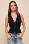 Lulus Effortless Potential Black Ribbed Lace Button-front Tank Top In Black
