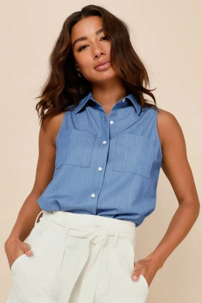 Lulus Effortless Selection Chambray Collared Sleeveless Button-up Top In Blue