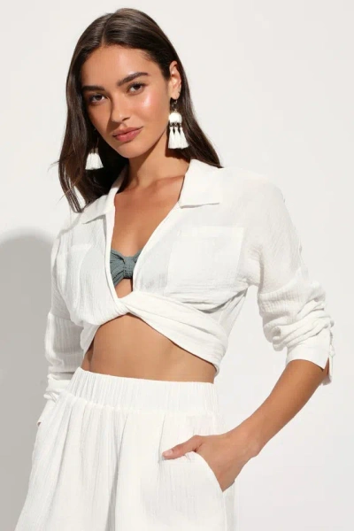 Lulus Effortless Summer White Long Sleeve Tie-front Swim Cover-up Top