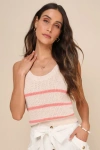 Lulus Effortless Sunshine Beige And Coral Striped Sweater Tank Top In Coral