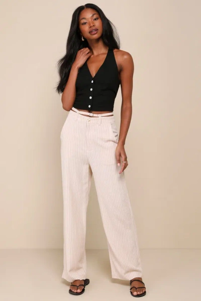 Lulus Effortless Time Beige Striped Linen High-rise Wide-leg Pants