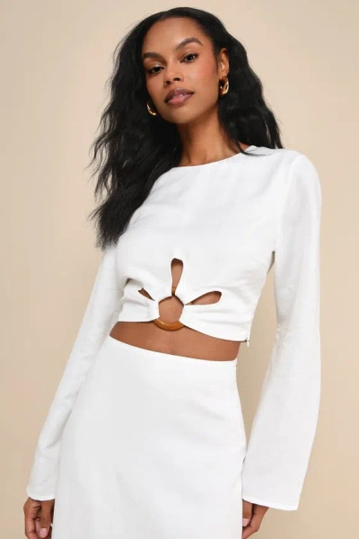 Lulus Effortless Vacay White Linen Long Sleeve Cropped O-ring Top