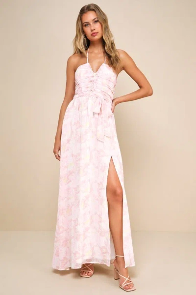 Lulus Effortlessly Abloom Light Pink Floral Ruched Halter Maxi Dress