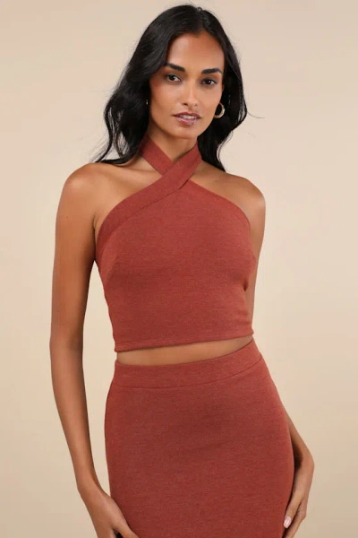Lulus Effortlessly Blessed Heathered Rust Red Knit Halter Crop Top