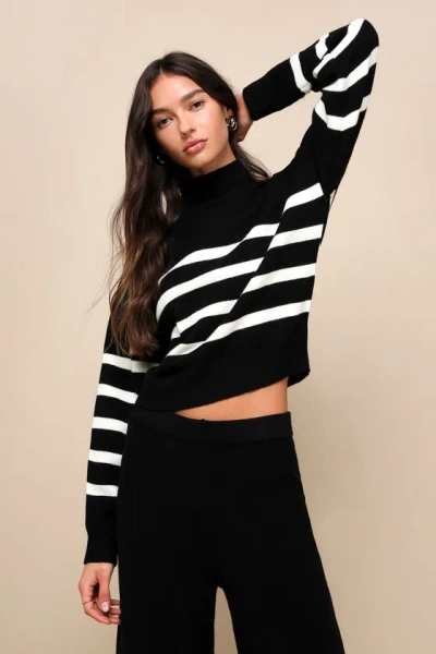Lulus Effortlessly Charming Black Striped Mock Neck Sweater Top