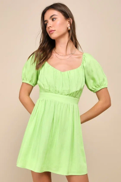 Lulus Effortlessly Endearing Lime Green Puff Sleeve Smocked Mini Dress