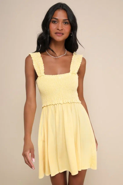 Lulus Effortlessly Lovely Washed Light Yellow Smocked Mini Dress