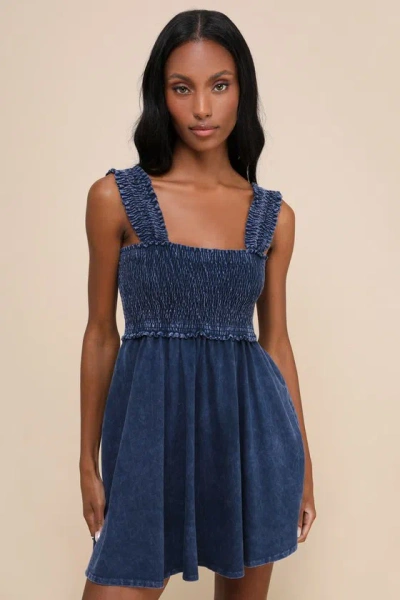 Lulus Effortlessly Lovely Washed Navy Blue Smocked Mini Dress