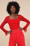 Lulus Effortlessly Luxe Red Feather Long Sleeve Bodysuit In Red